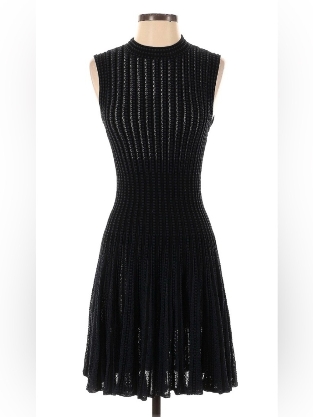 Theory Navy Sleeveless Textured Midi Dress with Flared Skirt